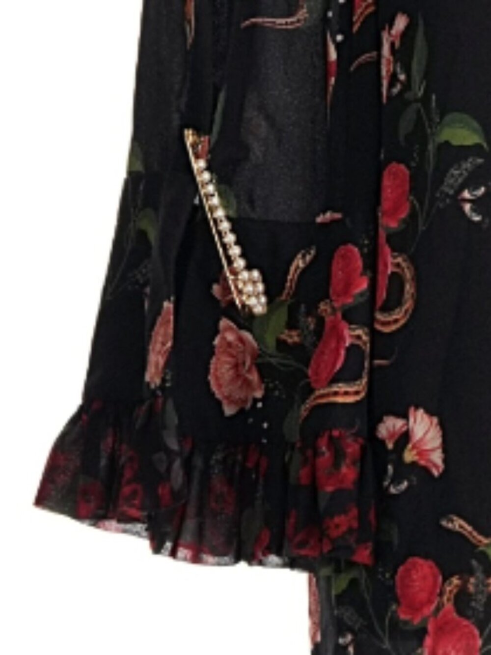 Mother of Pearl Silk Euna Black Floral Serpent Dress Rose 650$ Bell Sleeve - Picture 4 of 4
